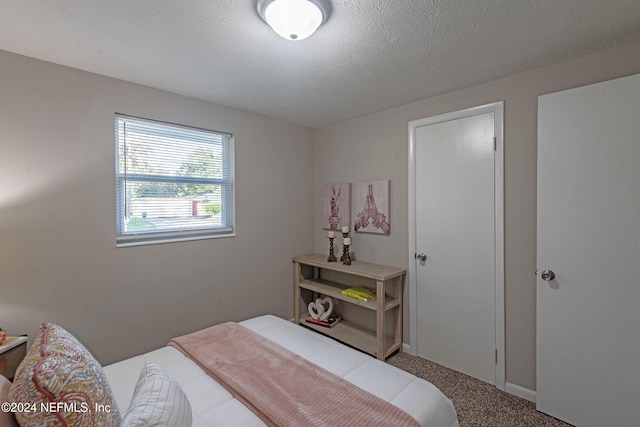 bedroom with carpet and a textured ceiling