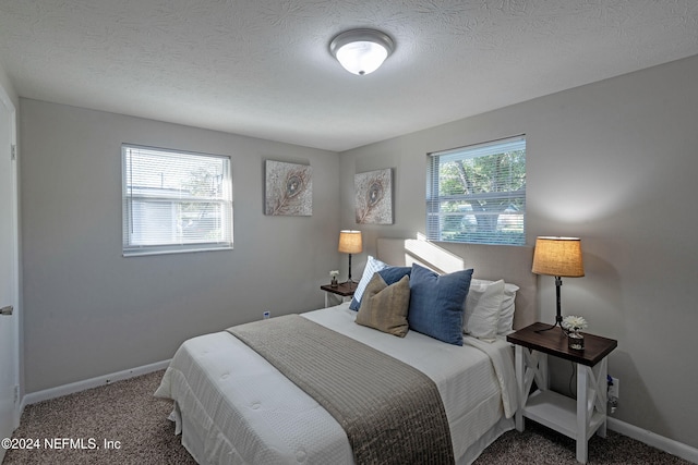 bedroom featuring carpet and a textured ceiling