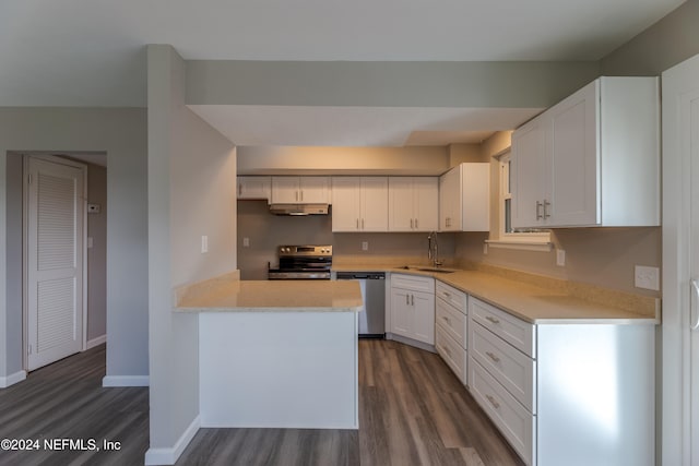 kitchen with dark wood-type flooring, white cabinets, sink, appliances with stainless steel finishes, and kitchen peninsula