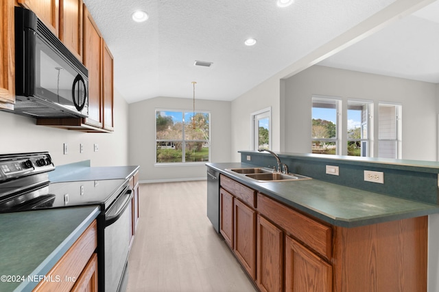 kitchen with sink, hanging light fixtures, light hardwood / wood-style flooring, lofted ceiling, and appliances with stainless steel finishes