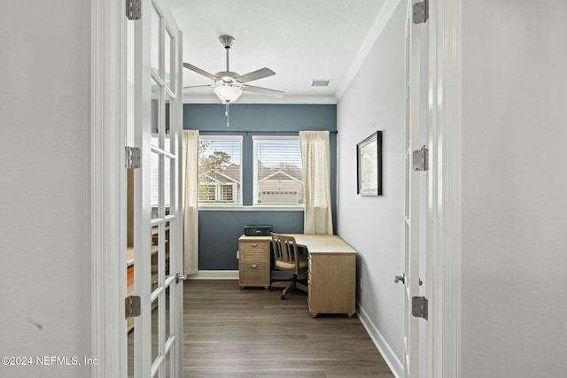 home office with ceiling fan, french doors, ornamental molding, and hardwood / wood-style flooring