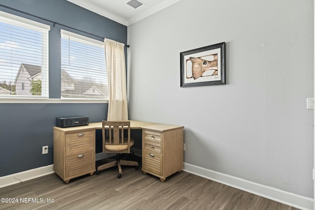 office space with dark hardwood / wood-style flooring and crown molding