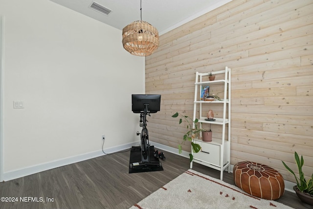 workout room featuring dark wood-type flooring and wooden walls