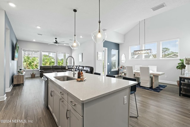 kitchen with ceiling fan, sink, pendant lighting, wood-type flooring, and a center island with sink