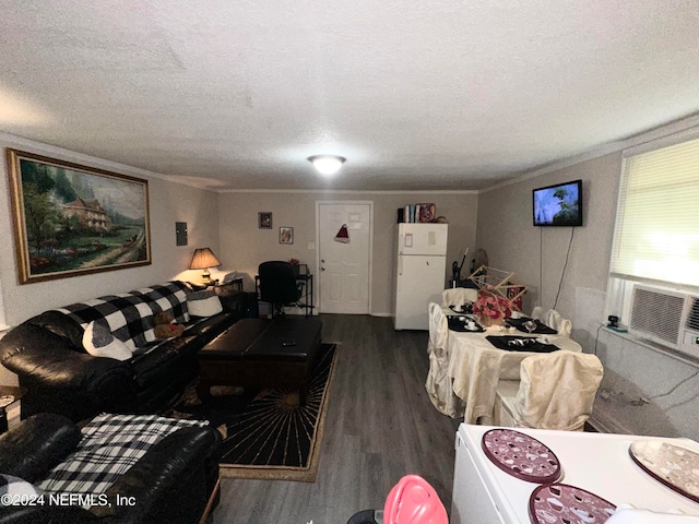 living room with crown molding, cooling unit, dark wood-type flooring, and a textured ceiling