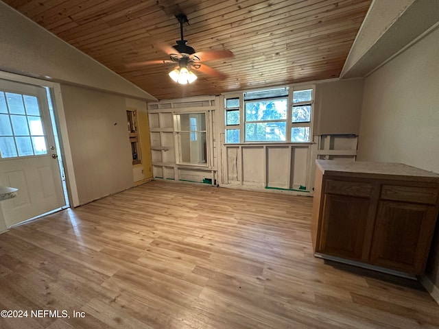 entryway with light hardwood / wood-style floors, ceiling fan, lofted ceiling, and wood ceiling