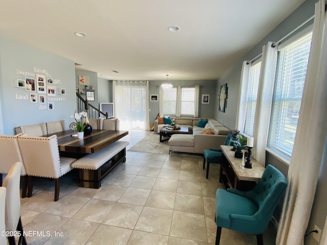 living room featuring light tile patterned floors