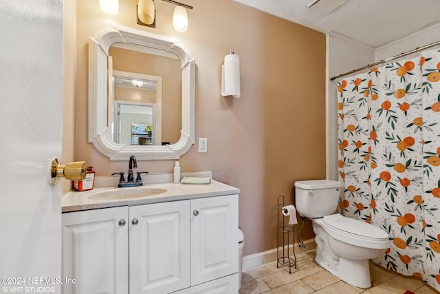 bathroom with toilet, a shower with curtain, vanity, and tile patterned floors