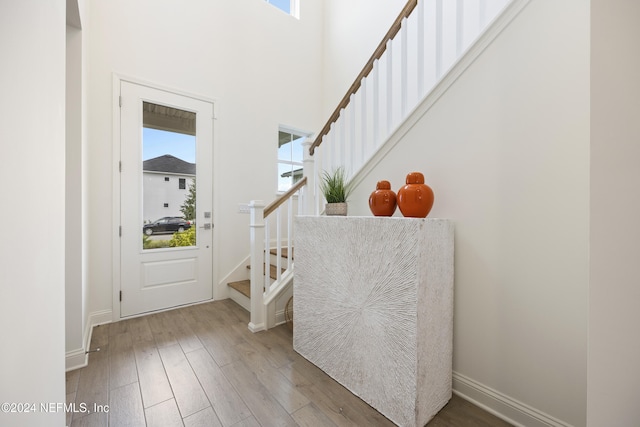 entrance foyer featuring a towering ceiling and light wood-type flooring