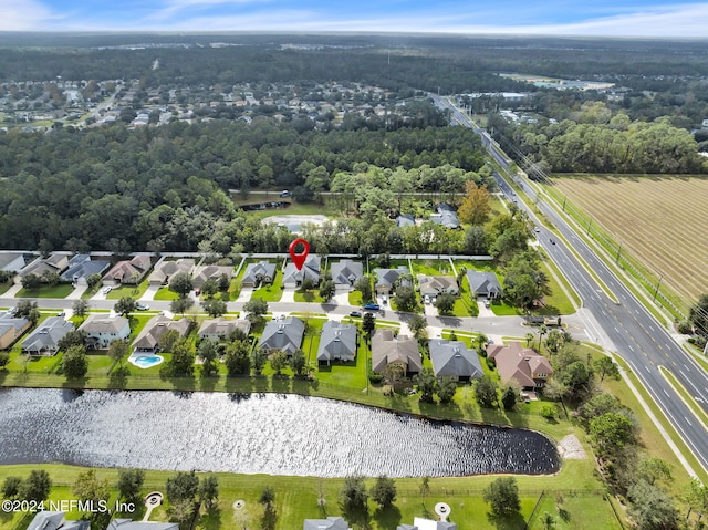 drone / aerial view featuring a water view