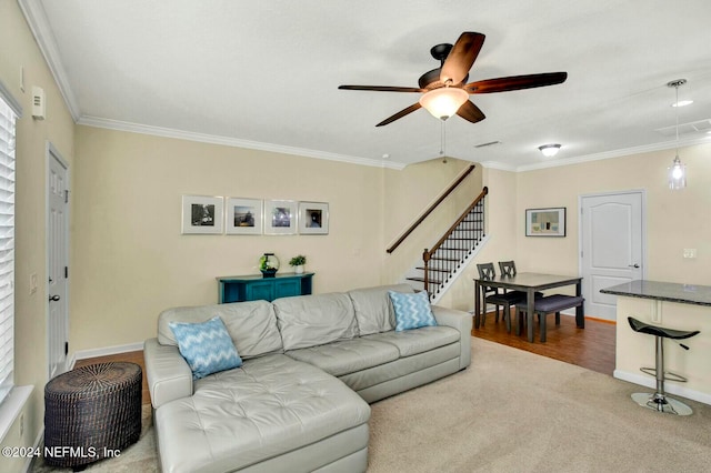 carpeted living room with ceiling fan and ornamental molding