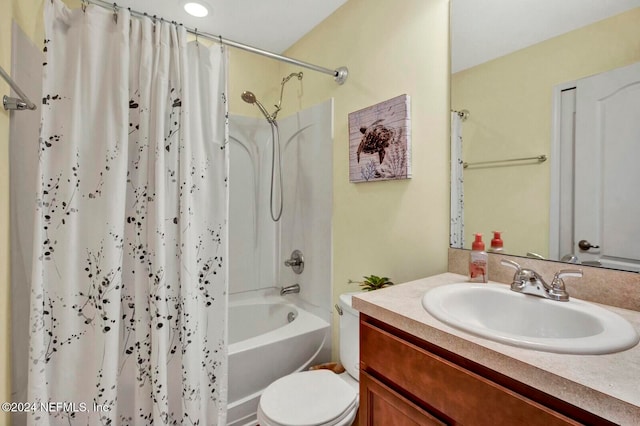 full bathroom featuring vanity, toilet, and shower / bathtub combination with curtain