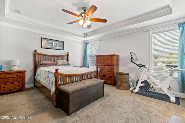 bedroom featuring a raised ceiling, ceiling fan, crown molding, and light colored carpet