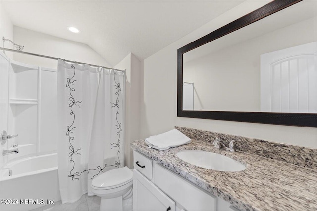 full bathroom with tile patterned flooring, vanity, toilet, and shower / bathtub combination with curtain