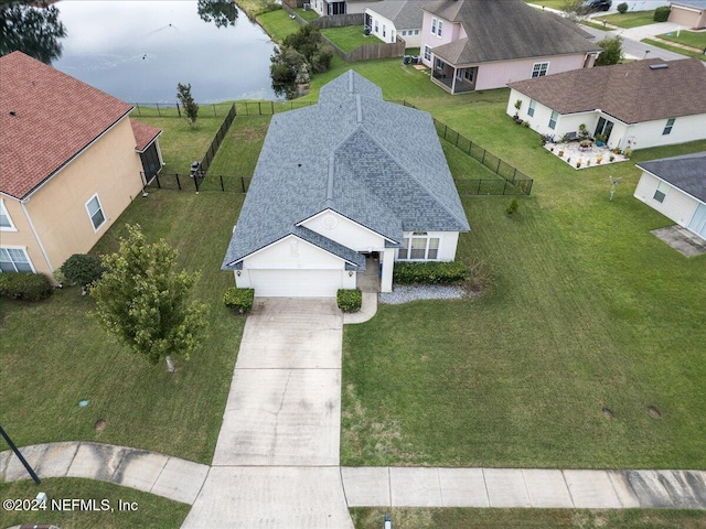 bird's eye view with a water view