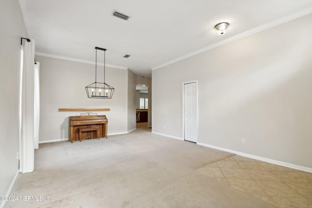 unfurnished living room with light colored carpet and ornamental molding