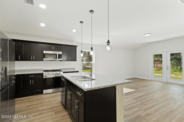 kitchen with a healthy amount of sunlight, sink, stainless steel appliances, and a kitchen island with sink