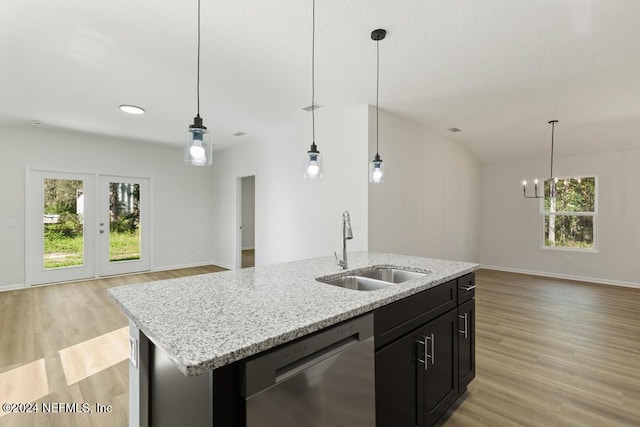 kitchen with dishwasher, plenty of natural light, a kitchen island with sink, and sink