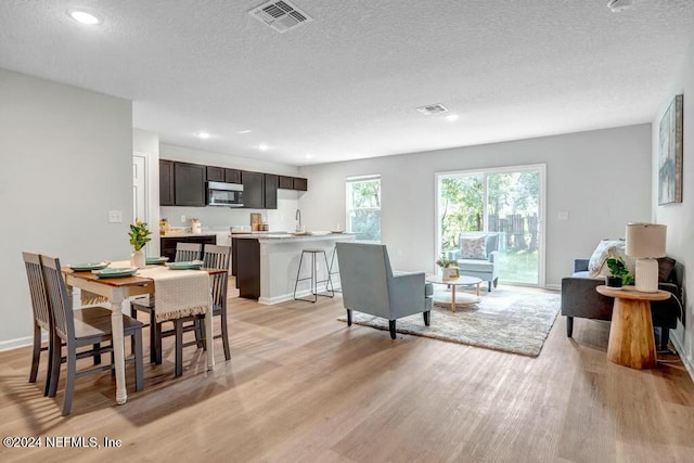 dining space with sink, a textured ceiling, and light hardwood / wood-style flooring