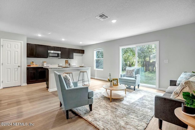 living room with a textured ceiling and light hardwood / wood-style flooring