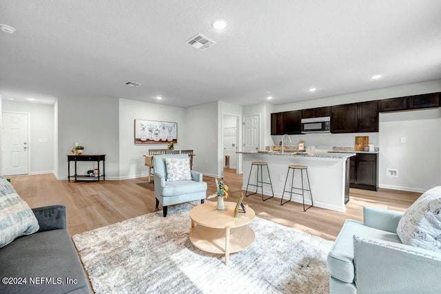 living room featuring light hardwood / wood-style flooring and sink