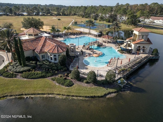 drone / aerial view with a water view