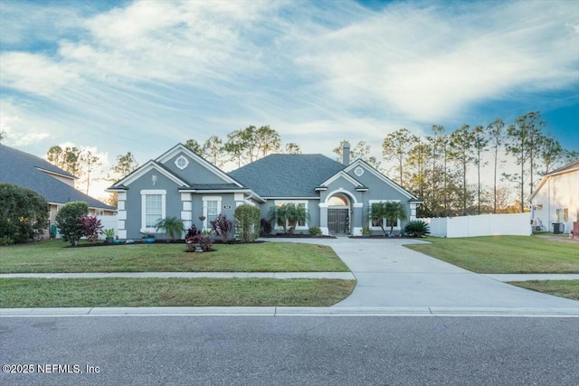 view of front of property featuring a front lawn, stucco siding, fence, and concrete driveway