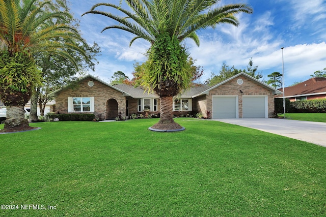 single story home featuring a front lawn and a garage