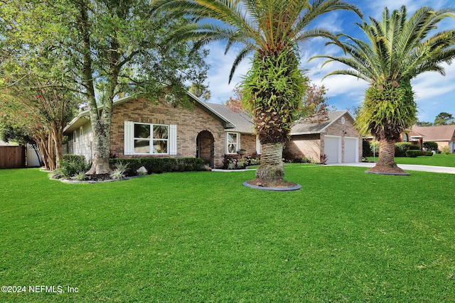 ranch-style house with a front yard and a garage