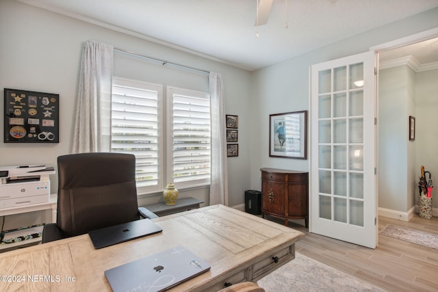 office area with crown molding, ceiling fan, french doors, and light hardwood / wood-style floors