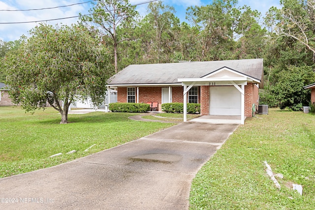 view of front of house featuring a garage, central air condition unit, and a front lawn