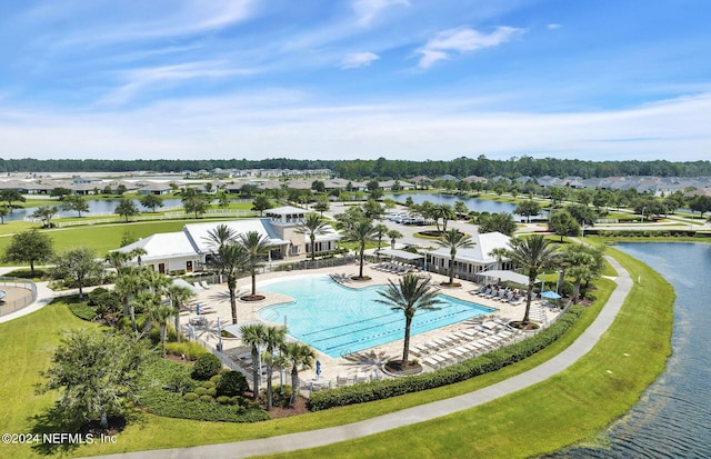 drone / aerial view featuring a water view