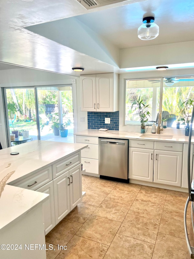 kitchen featuring white cabinetry, dishwasher, plenty of natural light, and sink