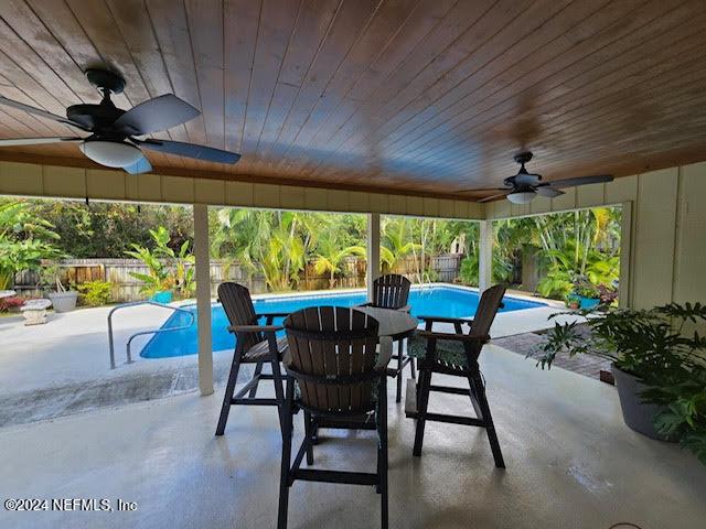 view of patio / terrace with a fenced in pool and ceiling fan