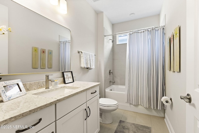 full bath with toilet, tile patterned flooring, shower / bath combination with curtain, and vanity