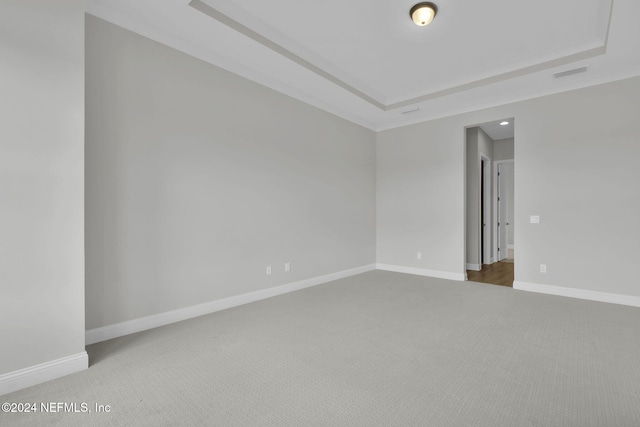 carpeted empty room featuring a raised ceiling