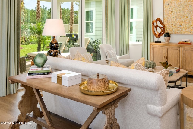 living area with light hardwood / wood-style flooring