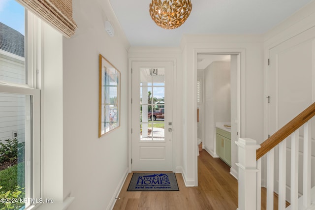 foyer with a chandelier and light hardwood / wood-style floors