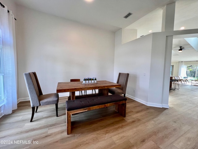 dining room featuring ceiling fan and light hardwood / wood-style flooring