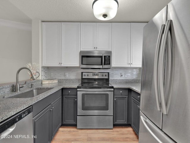 kitchen with sink, gray cabinets, stainless steel appliances, and white cabinets