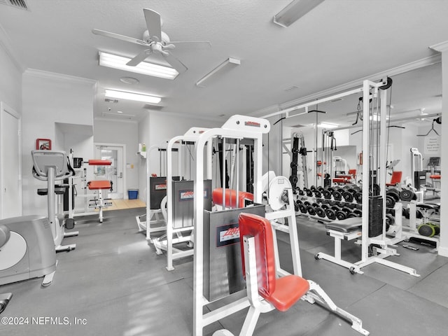 gym with crown molding, a textured ceiling, and ceiling fan