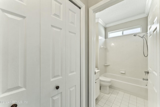 full bathroom featuring vanity, tile patterned floors, crown molding, toilet, and shower / bathtub combination