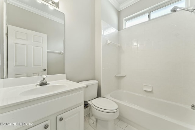 full bathroom with vanity, crown molding, tile patterned flooring, toilet, and tiled shower / bath