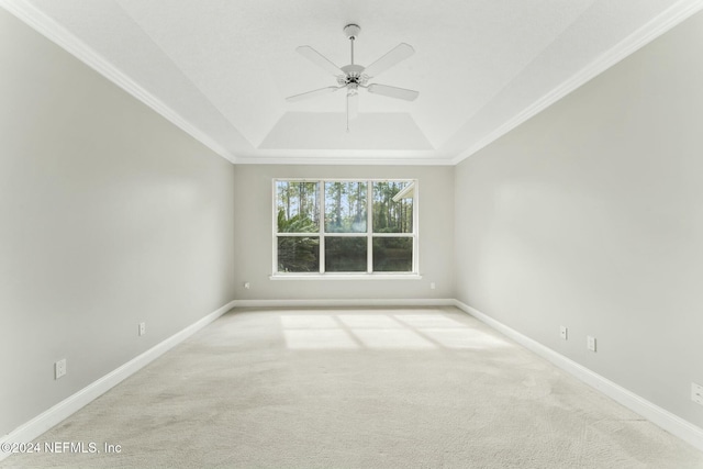 carpeted spare room with ceiling fan, a raised ceiling, and ornamental molding