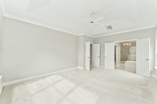 unfurnished bedroom with ceiling fan with notable chandelier, crown molding, light carpet, and connected bathroom