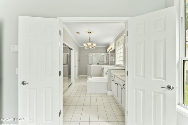 bathroom featuring vanity, an inviting chandelier, crown molding, tile patterned flooring, and separate shower and tub