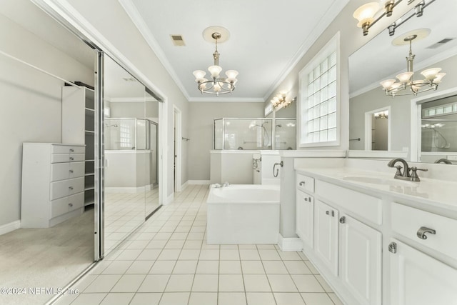 bathroom featuring vanity, separate shower and tub, an inviting chandelier, and ornamental molding