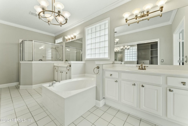 bathroom with tile patterned floors, a notable chandelier, crown molding, and independent shower and bath