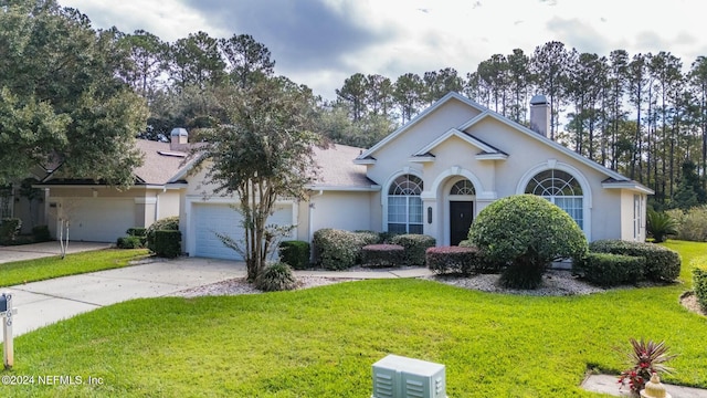 ranch-style house featuring a front lawn and a garage