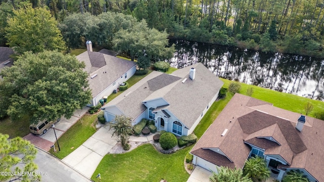 aerial view featuring a water view